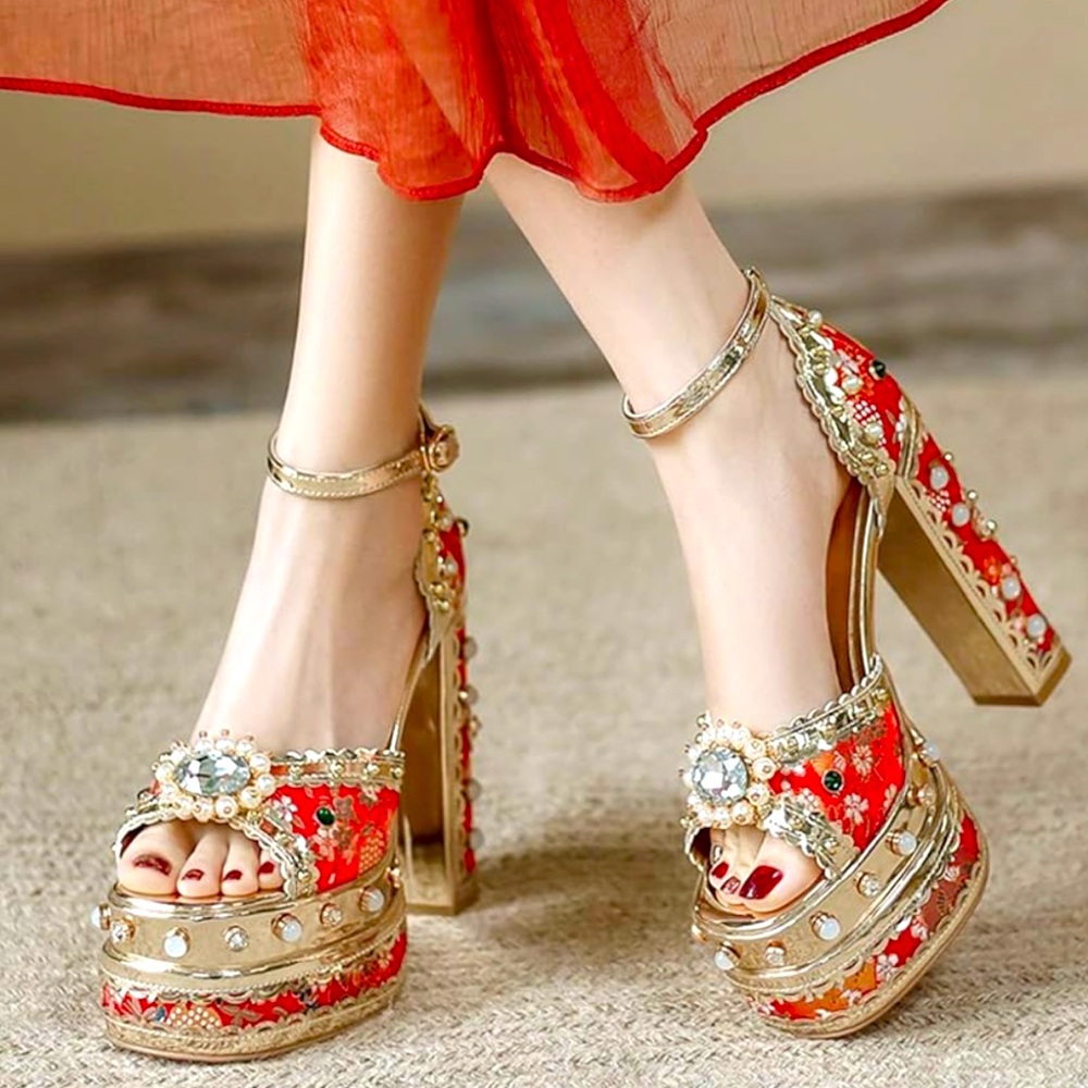 Azalea Wang Aim Cici Ornate Red Gold High Heeled Platform Shoes